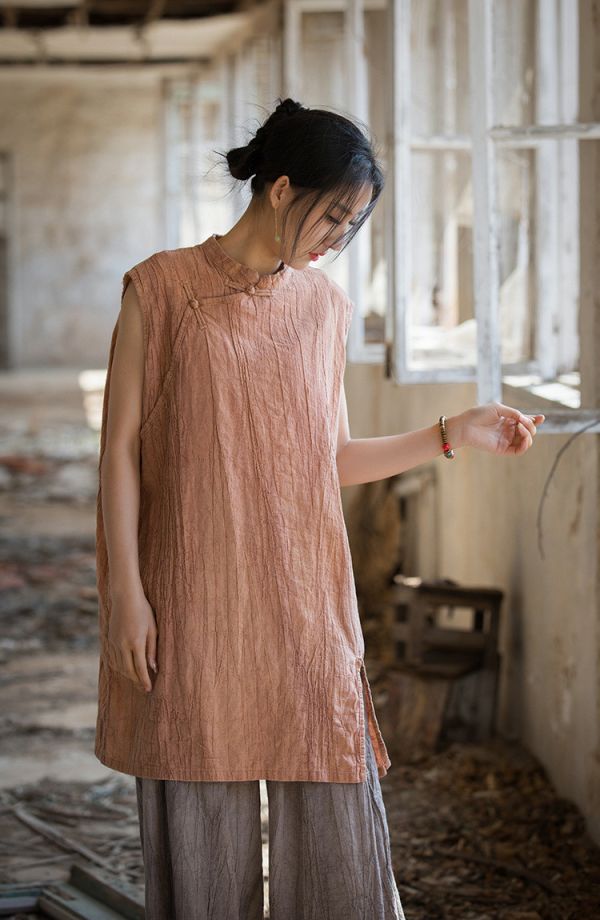 燕燕~夏季新款 苧麻薄款紮染全新中式盤扣無袖上衣 
