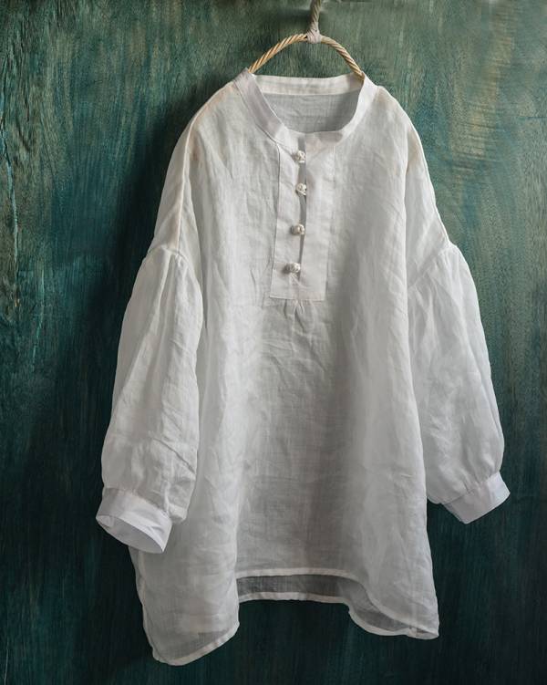 燕燕~棉麻商品~精細苧麻材質 盤扣七分袖襯衫寬鬆文藝泡泡袖上衣小衫 