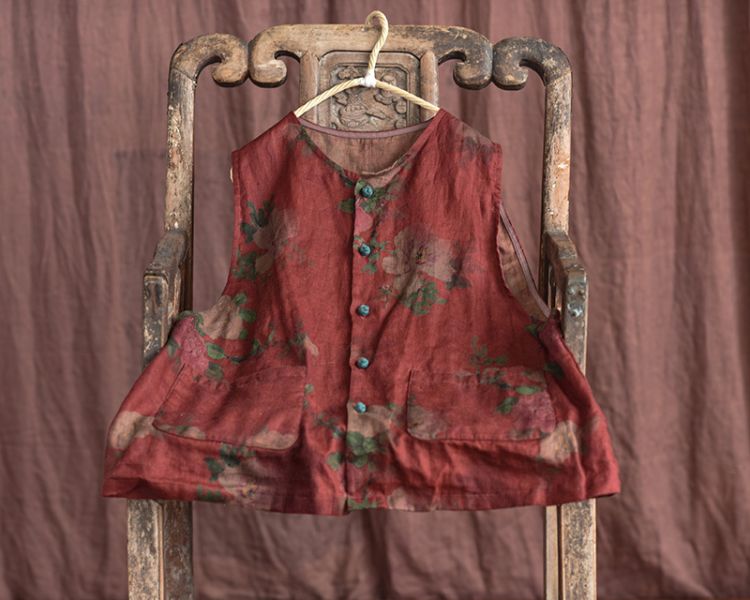 燕燕~棉麻商品~亞麻 香雲紗印花 復古盤扣開衫背心 