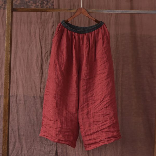 燕燕. 亞麻 撞色鬆緊腰頭 百搭休閒褲復古寬鬆簡約闊腿褲 長褲 民俗風寬褲 