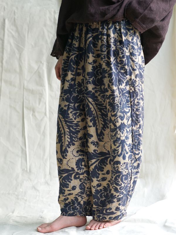 燕燕~復古數位藍染印花亞麻直筒褲 簡約寬鬆自在闊腿褲 ab2531701 