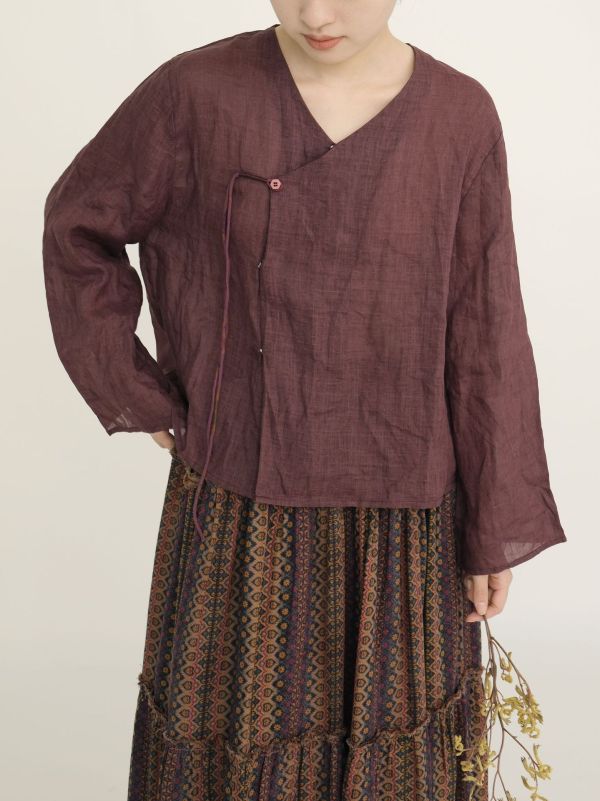 燕燕~棉麻商品~ 秋款 苧麻提花材質 做舊斜襟繫帶襯衫 開衫外套   ab2318801 