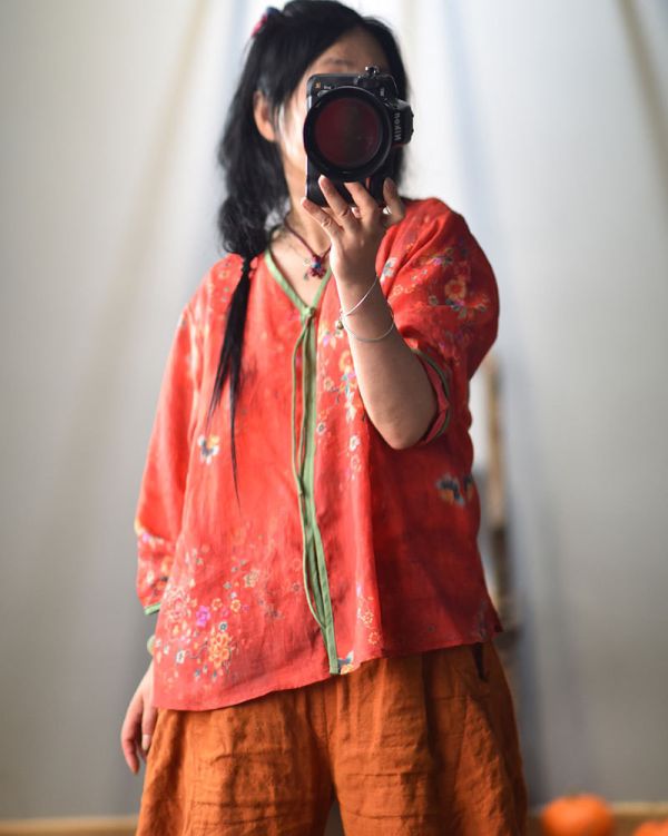 燕燕~春夏新品 復古國風印花長尾盤扣小衫 個性文藝小V領上衣 