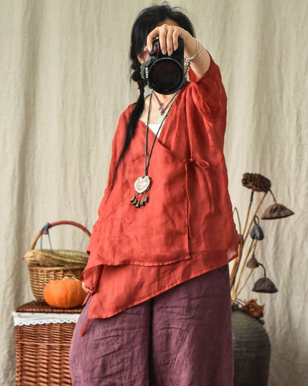 燕燕~棉麻商品 輕薄款 苧麻材質 斜襟開衫繫帶上衣 長袖棉麻衫 