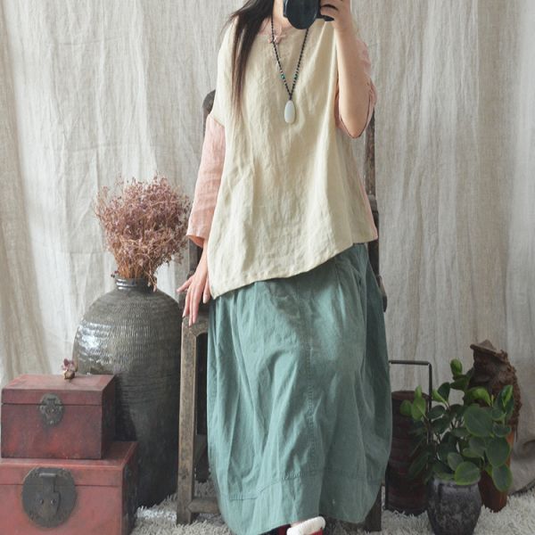 燕燕~夏季新款 苧麻拼色小衫 手工盤扣套頭上衣 文藝寬鬆女款t恤 