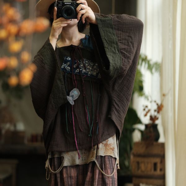 燕燕~復古棉麻貼布斜襟扣盤寬鬆百搭打底T恤 上衣 ab237301 