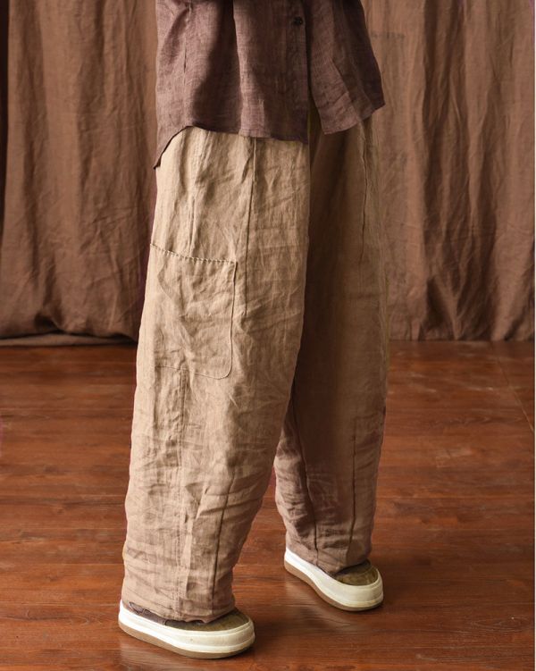 燕燕~春秋夏款 手工縫線工裝 亞麻寬鬆闊腿長褲 休閒褲 