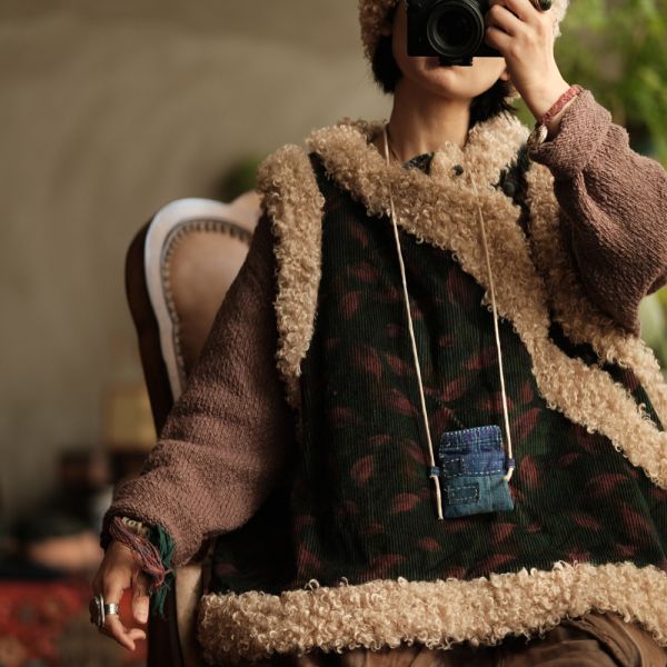 燕燕~復古燈芯絨斜襟盤扣羊捲毛夾棉背心。ab222401 