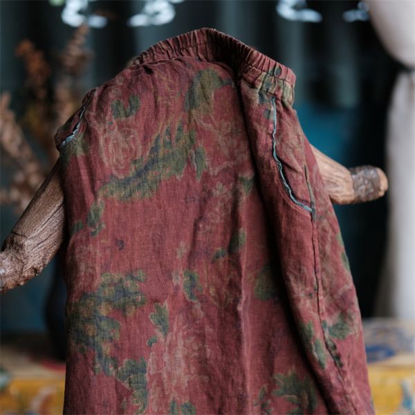 燕燕~秋冬新款 純亞麻 做舊毛邊鬆緊腰兩側口袋A字長裙。ab208701 