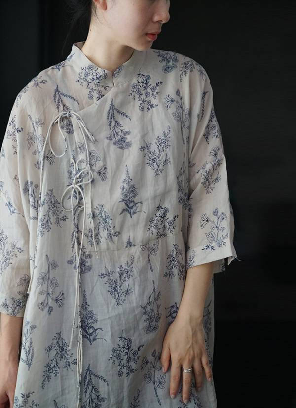 燕燕~棉麻商品~日系森林系~苧麻材質 中式繫帶襯衫 可當連身裙 1-2097 
