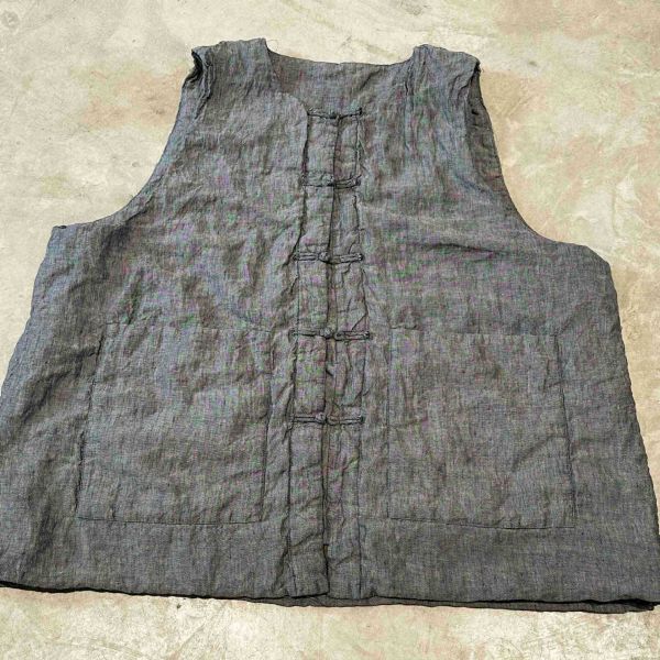 燕燕~色織亞麻中式盤扣雙層夾棉中長棉背心 