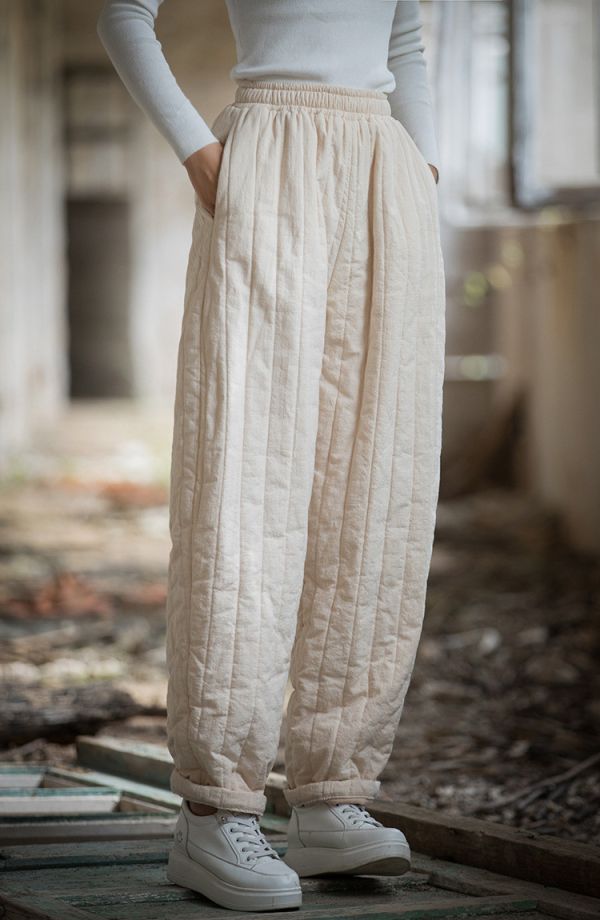 燕燕~冬季新款 夾棉加厚保暖休閒褲 絎縫豎格個性棉褲 長褲 