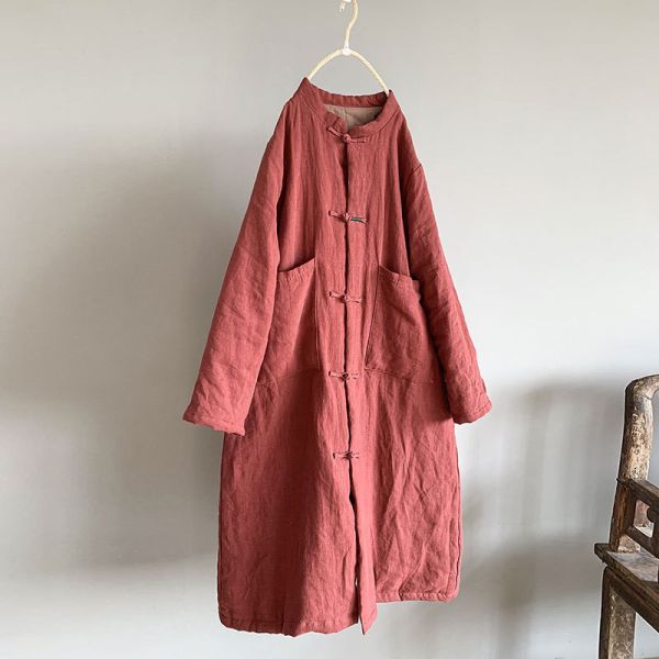 燕燕~亞麻~秋季新款 復古文藝長版加棉保暖中式棉襖棉衣 外套 