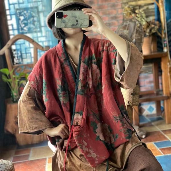 燕燕~棉麻商品~雙層棉紗     寬鬆夾棉繫帶花背心棉麻杉  ab200401 