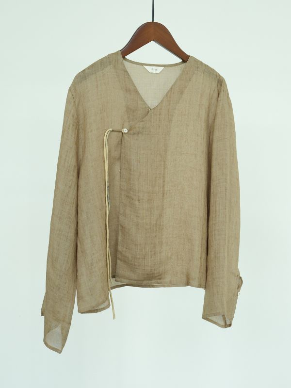 燕燕~棉麻商品~ 秋款 苧麻提花材質 做舊斜襟繫帶襯衫 開衫外套   ab2318801 