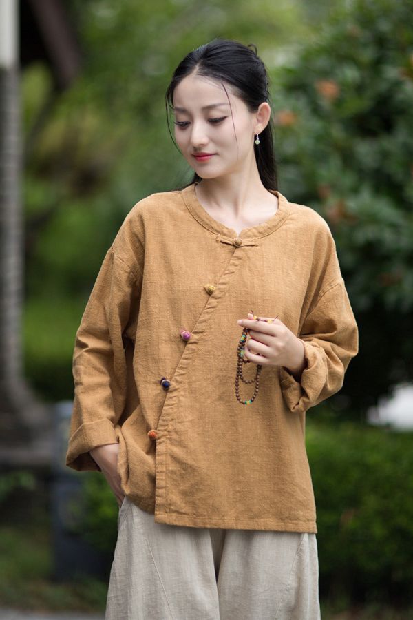 燕燕~秋季新款 禪意茶服苧麻長袖襯衫 復古斜襟盤扣上衣 