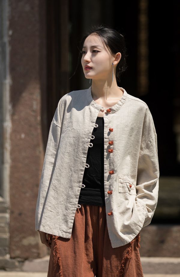 燕燕~秋冬新品～苧麻拼色盤扣對襟開衫上衣外套 