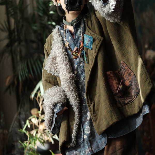 燕燕~秋冬新款 復古文藝羊捲毛翻領夾棉棉衣外套 ab227601 