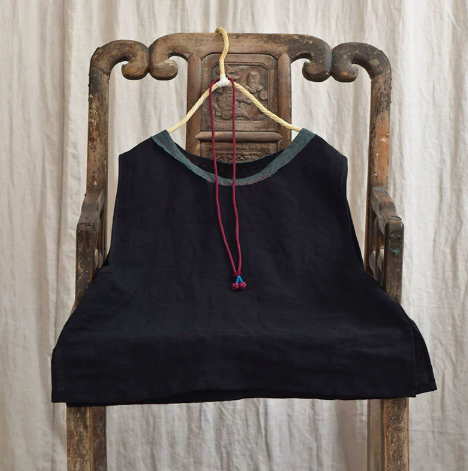 燕燕~亞麻撞色領文藝復古背心 