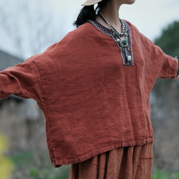 燕燕～春季新款 純亞麻 水洗領口拼接繡花片蝙蝠袖襯衫上衣 長袖棉麻衫 ab202201 