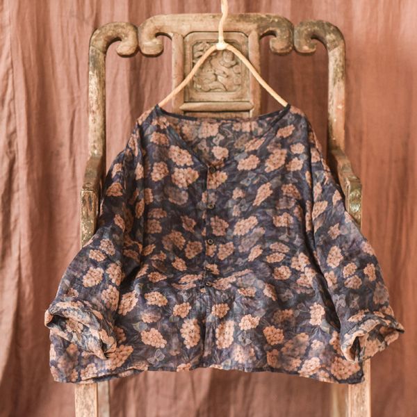 燕燕~棉麻商品~春秋夏款  輕薄苧麻. 數碼印花文藝復古長袖 上衣 女式襯衫 外套 