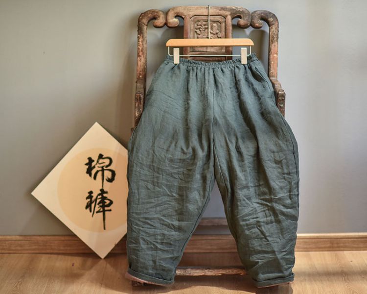 燕燕~棉麻商品~亞麻材質 秋冬款加棉寬鬆休閒闊腿蘿蔔棉褲 保暖長褲 