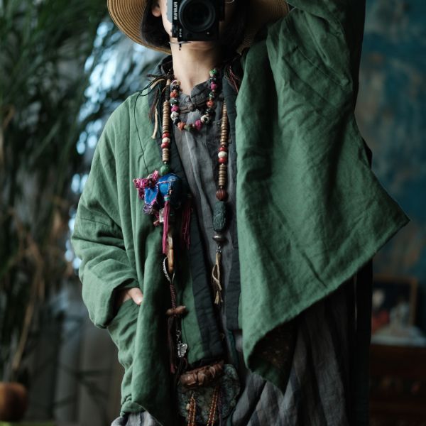 燕燕~秋冬新款 亞麻 手工重工炒色斜襟繫帶棉衣外套  ab181401 