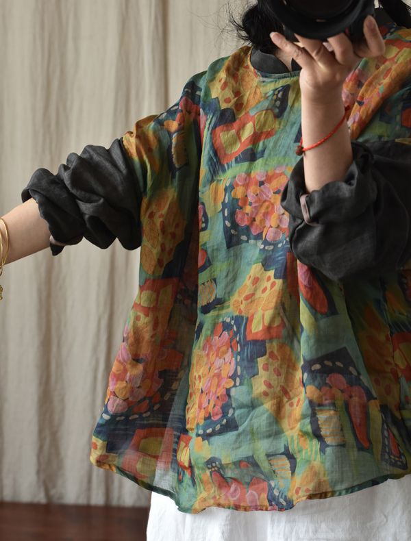 燕燕~春夏秋款  復古印花   寬鬆文藝長袖苧麻上衣 