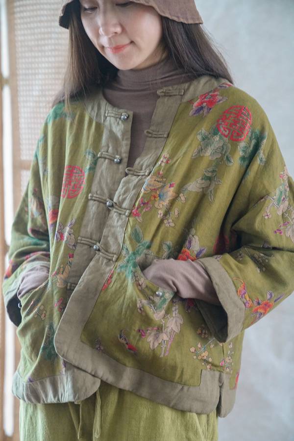 燕燕~棉麻商品~數碼印花夾棉外套 拼色亞麻棉衣外套  ab2135901 