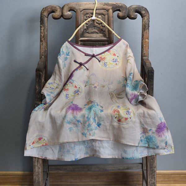 燕燕~棉麻商品~苧麻材質 數碼印花V領盤扣寬鬆襯衫 文藝上衣 短袖棉麻 