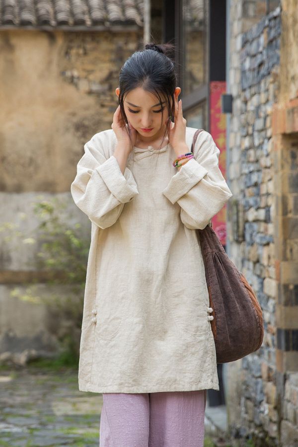 燕燕~夏季新款 莧麻炒色上衣改良大尺碼茶服個性文藝範女長T恤 