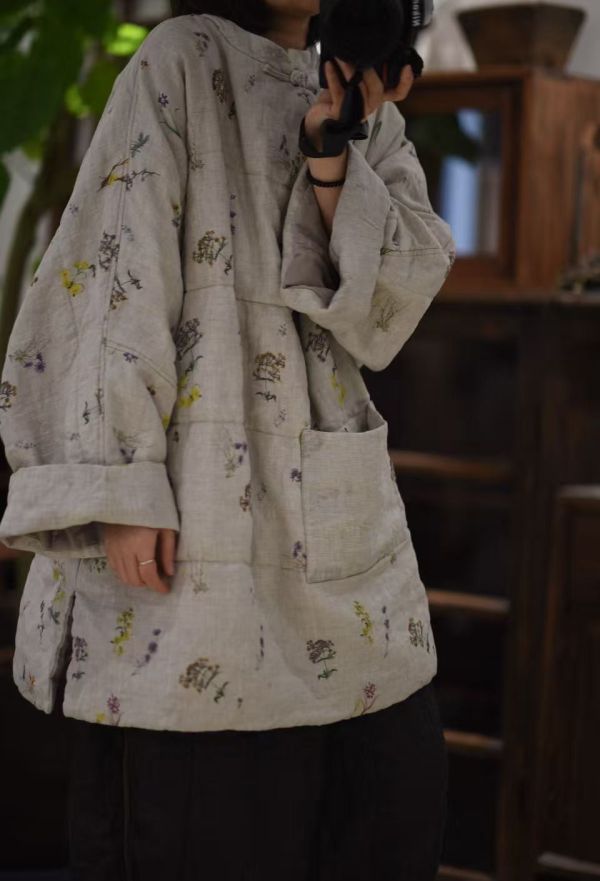 燕燕~秋季新款 亞麻印花偏襟復古盤扣套頭中長袍上衣 abFZ100201  (此件商品不退換） 