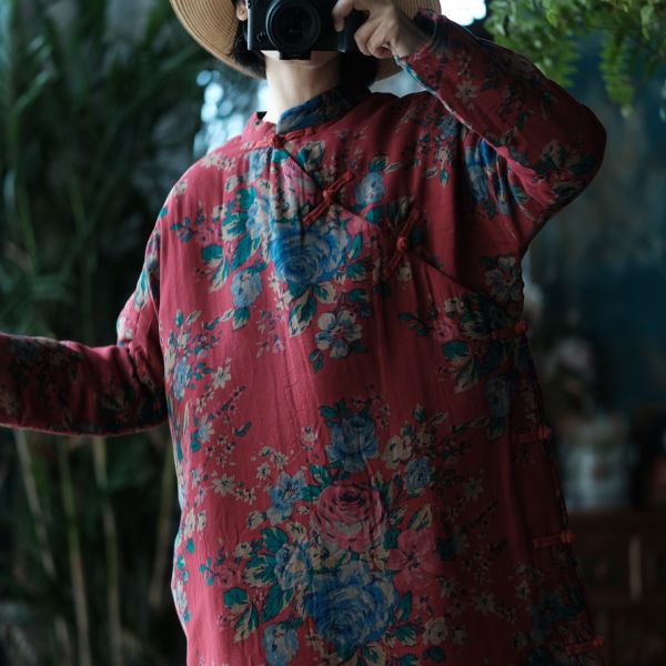 燕燕～文藝復古中式印花立領斜襟棉衣棉袍洋裝 連身裙  ab145901 