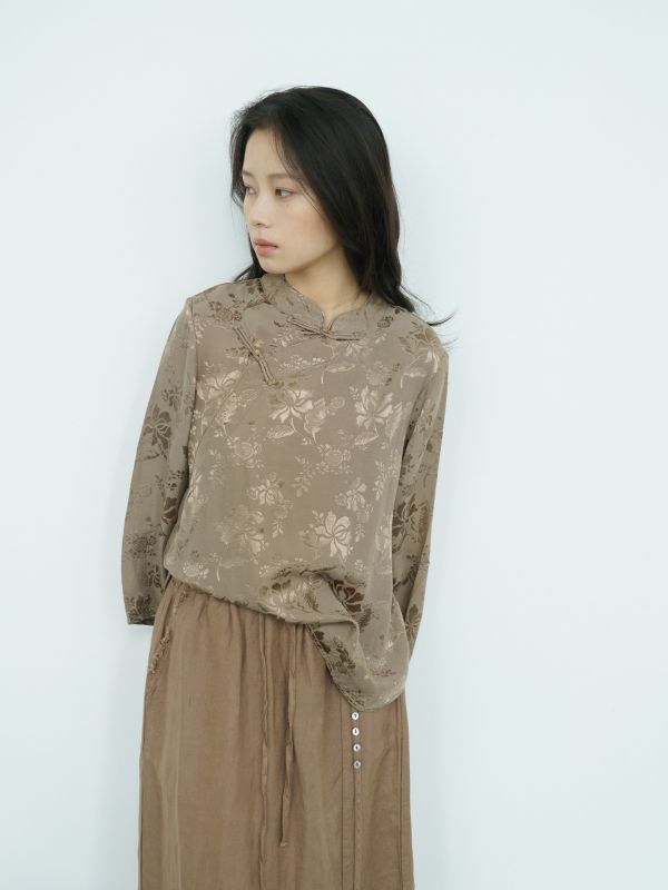 燕燕～人絲提花 禪意文藝斜襟短衫茶服 珠扣襯衫      ab2417201 