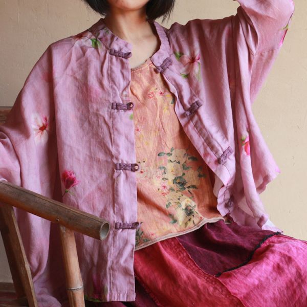 燕燕~棉麻商品~純亞麻  復古印花純亞麻小衫上衣 長袖棉麻衫 