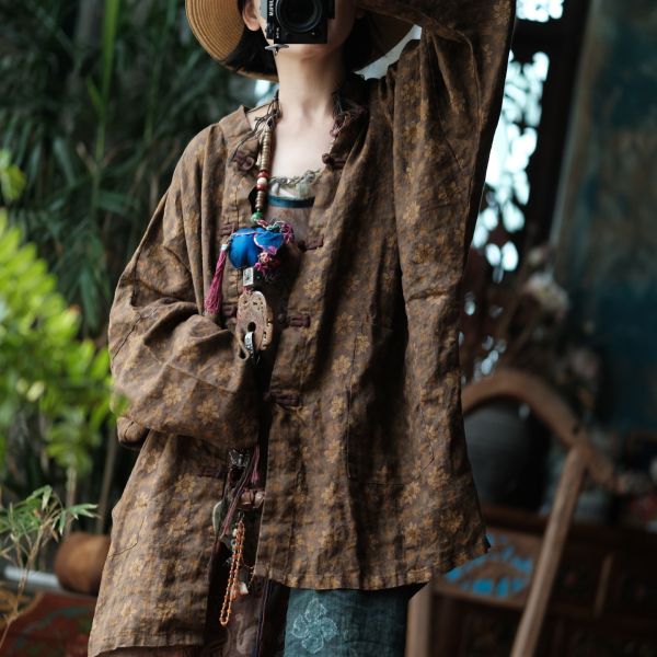 燕燕~棉麻商品~純亞麻 雪花洗印花工藝寬鬆外套 