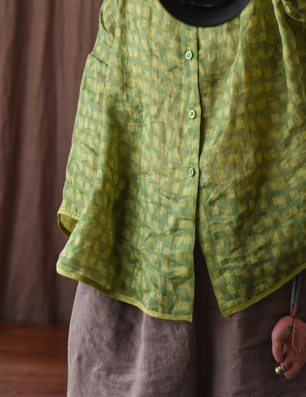 燕燕~棉麻商品~苧麻 染色數碼印花七分袖襯衫 夏季輕薄手縫線麻開衫 