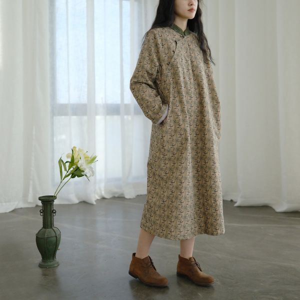 燕燕~棉麻商品~燈芯絨. 寬鬆加厚立領棉服  印花夾棉旗袍 洋裝 連身裙 ab2241001 