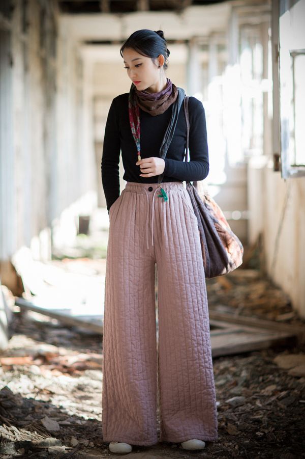 燕燕~冬季新品 苧麻夾棉豎格絎縫闊腿褲 加厚保暖高級感棉褲 