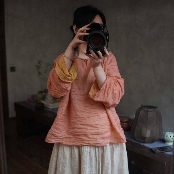 燕燕~四季款 雙色苧麻 雙面穿 盤扣長袖女襯衫 文藝復古圓領上衣 