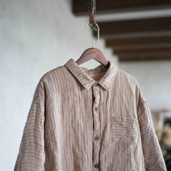 燕燕~入冬百搭款 高品質色織條紋亞麻文藝襯衫 棉衣棉服棉襖外套 