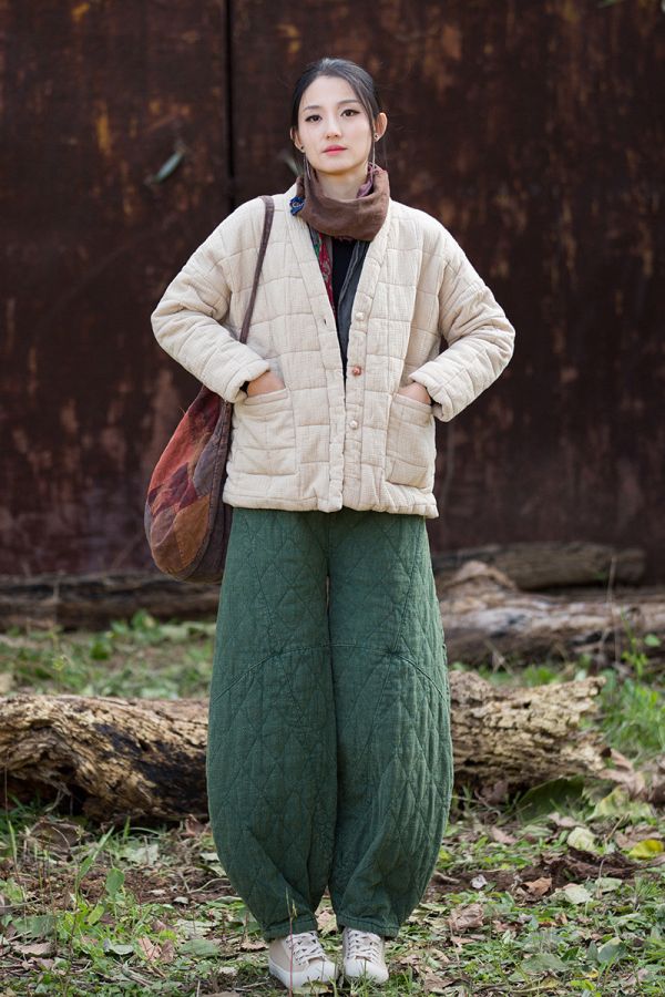 燕燕~冬季新款    雙層夾棉肌理感方格絎縫棉襖棉服柔軟保暖文藝盤扣棉衣外套 