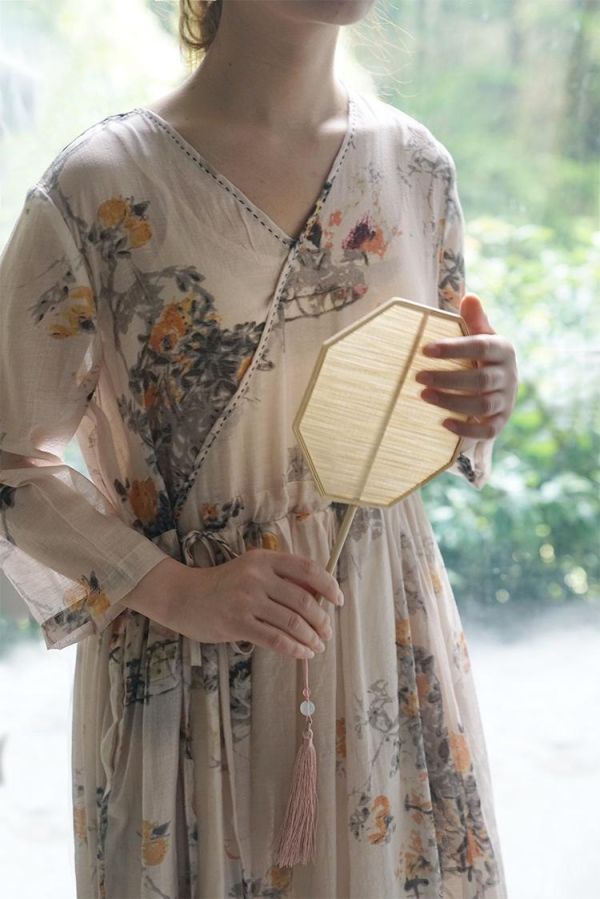燕燕棉麻～夏款 全新中式飄逸連身絲綿水墨印花斜襟顯瘦 洋裝 連身裙  ab1924501 