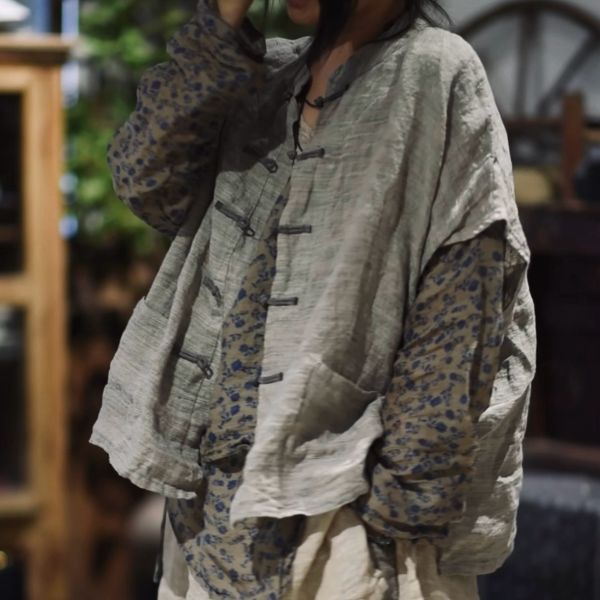 燕燕~夏季新款 復古文藝色織亞麻中式手工扣坎肩開襟衫披肩 