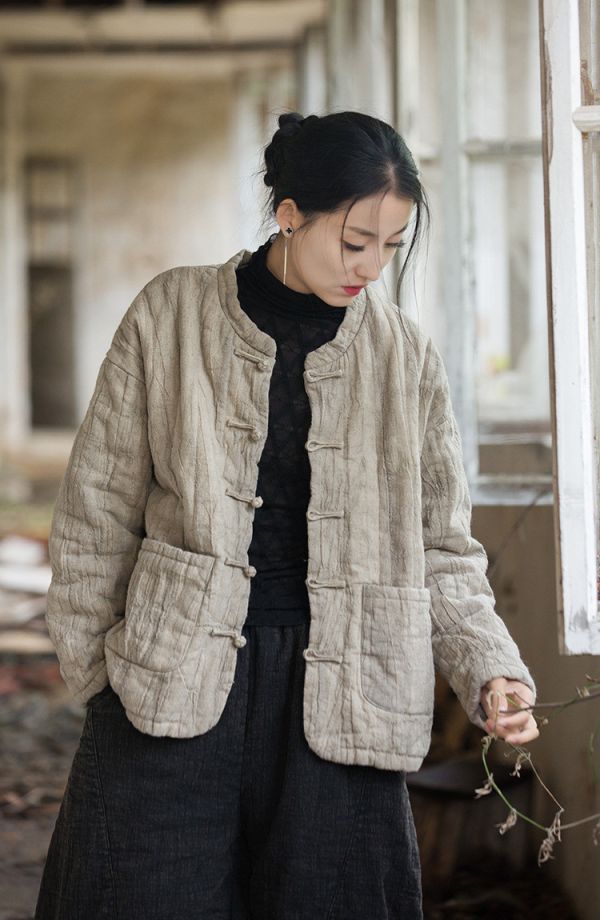 燕燕~冬季新款 苧麻紮染夾棉絎縫保暖棉服棉襖 棉衣外套 