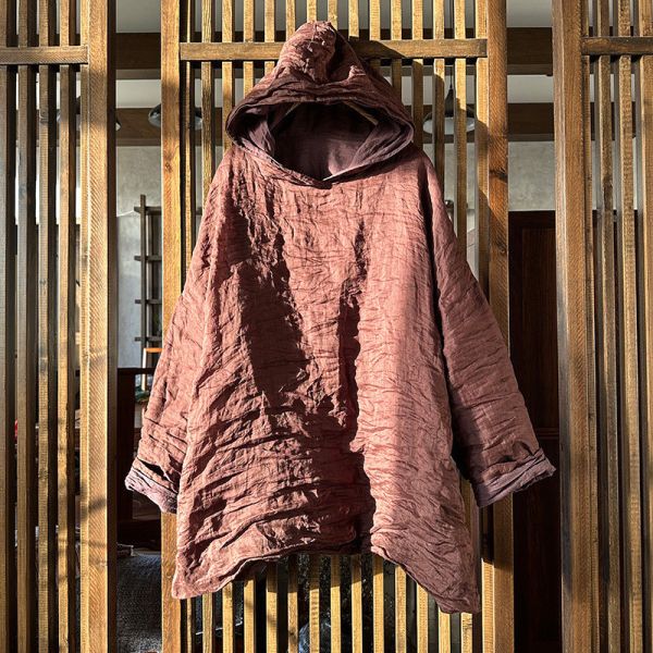 燕燕~原創～苧麻雙層中長連帽寬鬆上衣  文藝復古百搭休閒風衣外套 