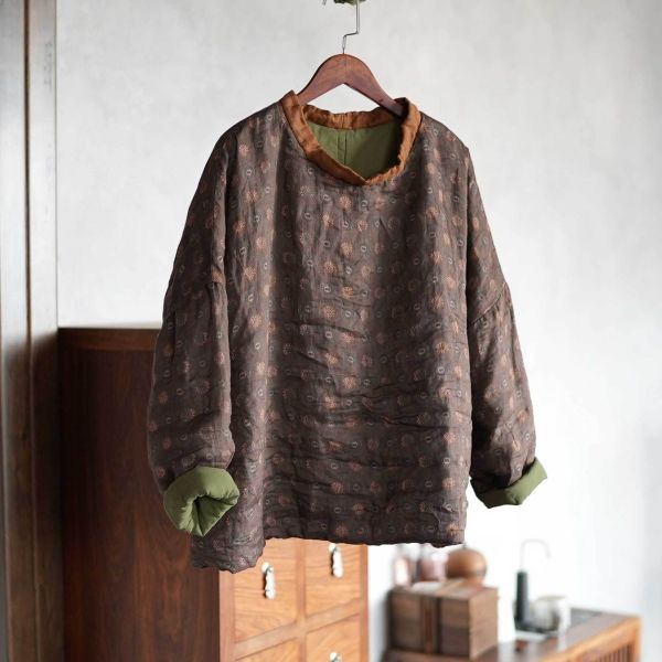 燕燕~秋冬新款 苧麻夾棉 數位印花高領棉衣 文藝休閒棉服上衣 