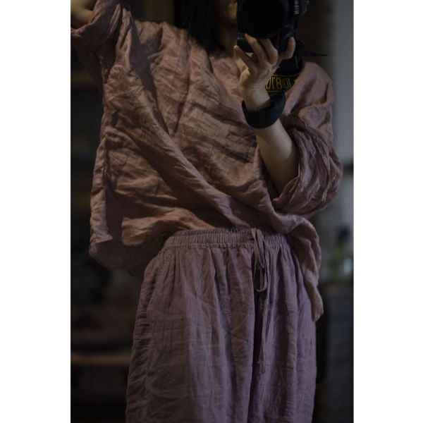 燕燕～夏季  輕薄苧麻落 文藝復古落肩套頭小衫上衣 長袖棉麻衫 