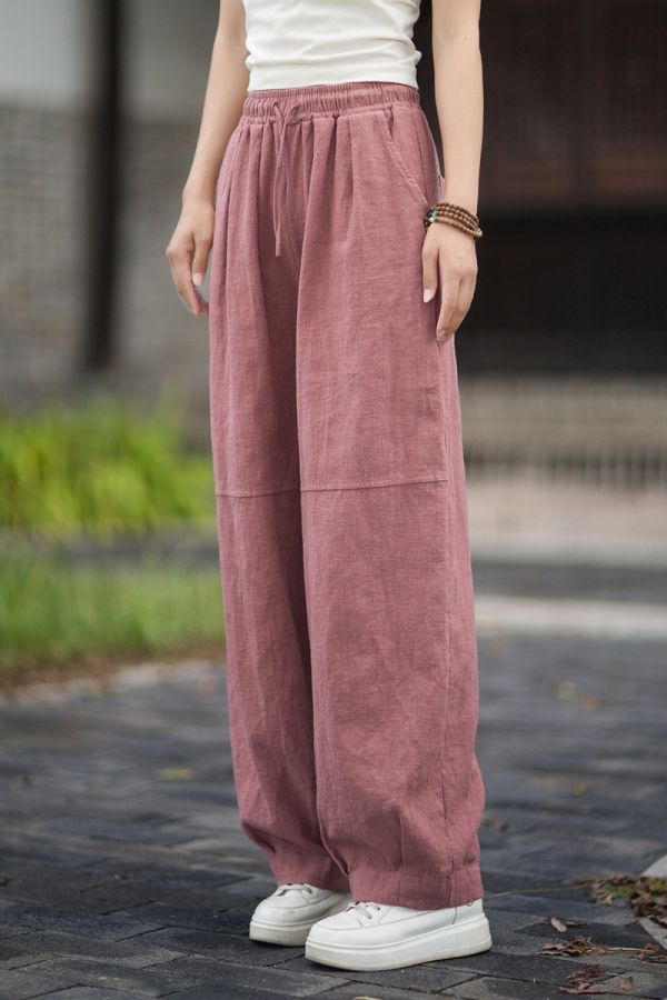 燕燕~秋新款 苧麻砂洗文藝百搭鬆緊腰長褲 哈倫褲 