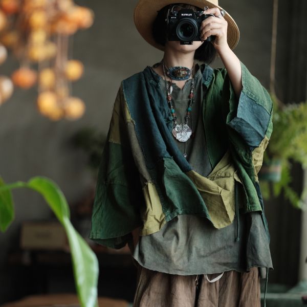 燕燕~春季新款~輕訂製毛邊斜襟盤扣寬鬆拼接麻衫 上衣。ab208501 